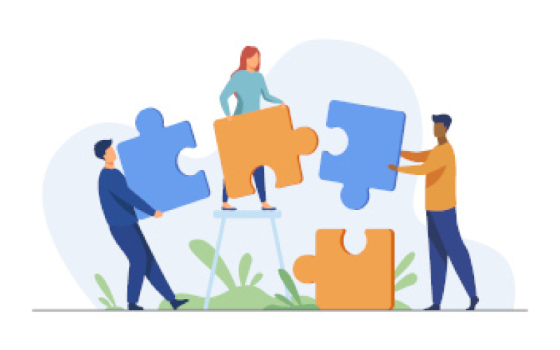 Eine Grafik von zwei Männern und einer Frau, die sich überdimensionale Puzzleteile reichen.